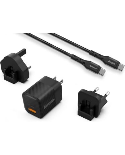 Зарядно устройство Energizer - PD Multi, USB-A/C, EU/UK/US, 38W, черно - 1